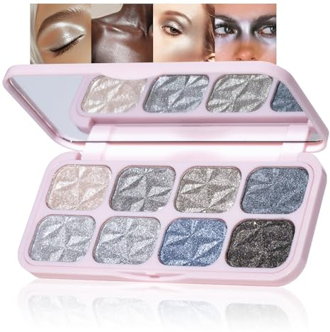 Glitzer Lidschatten Schwarz, 8 Farben Smoky Eyeshadow Palette, Holografisches Metallic Shimmer Lidschatten Palette, Hochpigmentiert Silber Make Up Highlighter, Wasserfest & Langlebig Liedschatenpalete