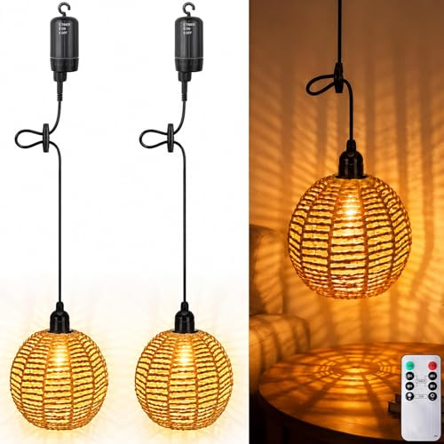 Boho Rattan Hängelampe,2 Stück Außen Innen Hängeleuchte,Batteriebetriebene Lampe Tragbare,Boho Korb Lampenschirm Pendelleuchte,Lampe Hängend,Hängeleuchte Rattan Mit Fernbedienung
