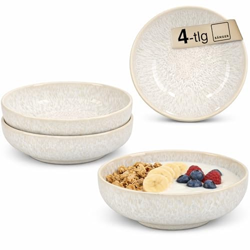 Sänger Schalen Set Korfu 4 tlg, Müslischalen für 4 Personen, Steingut | Schalen Handmade, Set inkl. 4 Dessertschalen Ø 18,1 cm, Essschalen Creme Farben mit Sandiger Maserung