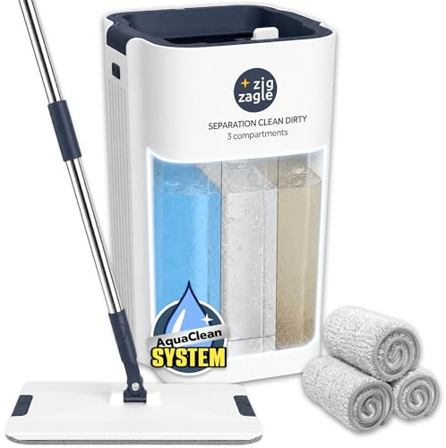 kit Seau et Serpillière, Pure Water System,Separation Eau Propre/Sale : Ultra Hygiénique, Nettoyage Facile, Compact, Balai Plat, Serpillère Microfibre, Autonettoyant, Seau Essoreur