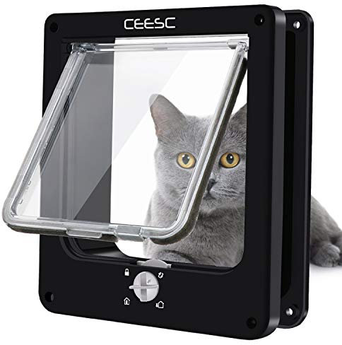 CEESC Cat Flap for Interior/Exterior Door, Weatherproof, Rotary 4 Way Locking Pet Door for Cats & Dogs, Upgraded Version (Black, Medium)