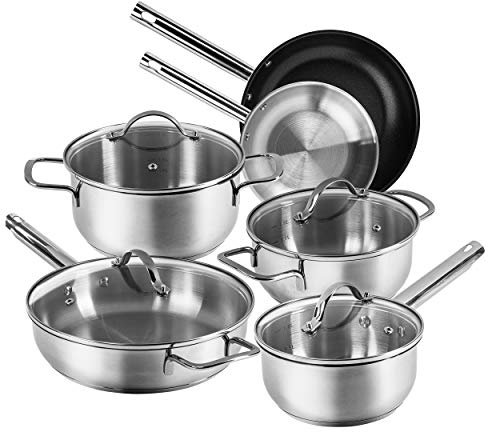 Karcher Topfset Jovita aus Edelstahl, Kochgeschirr Induktion-Kochtopf-Set, Töpfe mit Glasdeckel/Pfanne/Stielkasserolle, 10-teilig