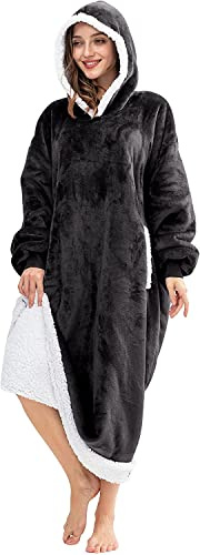 HBlife Long Oversized Wearable Blanket Hoodie for Adults, Thick Sherpa Fleece Sweatshirt with Elastic Sleeves & Giant Pockets, Cozy Plush Fleece Jacket, Dark Grey
