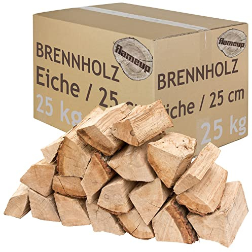 Brennholz Kaminholz Holz Eiche 25 kg Für Ofen und Kamin Kaminofen Feuerschale Grill Feuerholz Holzscheite Wood 25 cm kammergetrocknet Flameup