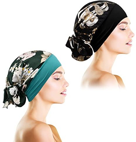 Jinlaili 2 × Ultraweiches Kopftuch für Chemotherapie, Kopfbedeckung Damen Sommer, Wrap Headscarf Beanie, Satin Turban Schlafmutze für Haarverlust Krebs Chemotherapie, Freizeit