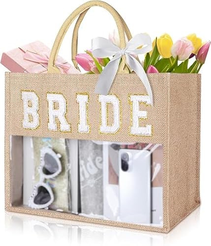 JUSTOTRY 1 pcs Design Junggesellenabschied Frauen Jute Tote Bag,Bedruckt“BRIDE” Lettering für Bride to Be Deko und Jga Frauen Accessoires,The Tote Bag Aesthetic Gift für Team Bride