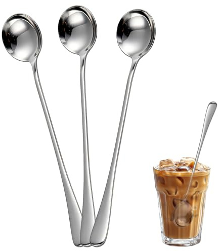 3 Stück Edelstahl Löffel 20cm Lange Küchenlöffel mit Langem Griff, Silber Metall Teelöffeln Rührlöffel für Kaffee, Eis, Tee, Cocktail(Round Head)