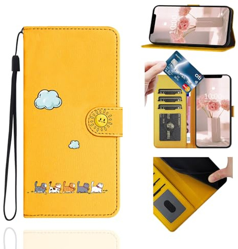 Jeffene Handyhülle für iPhone 11 mit Kartenfach Klappbar,Gelb | Schutzhülle mit Katzen-Motiv, Mit Lanyard, PU-Leder, Magnetverschluss, Stoßfest, 3 Kartenfächer, Ständer, Für Damen
