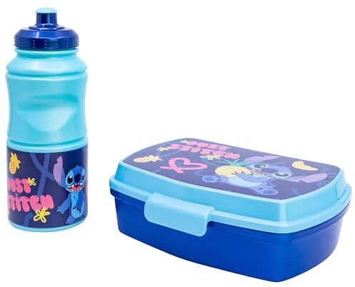 Stor Set Merienda Stitch - Fiambrera Rectangular y Botella Sport 380ml - Conjunto Escolar Infantil de Plástico Resistente - Ideal para Colegio y Excursiones