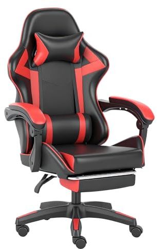 AUNEK Silla Gaming Ergonómica con Reposapiés, Respaldo Reclinable 90°–140°, Cojín Lumbar y Cabezal, Altura Ajustable, Tapizado en Cuero PU, Silla Gamer Giratoria para Oficina y Hogar (Negro/Rojo)