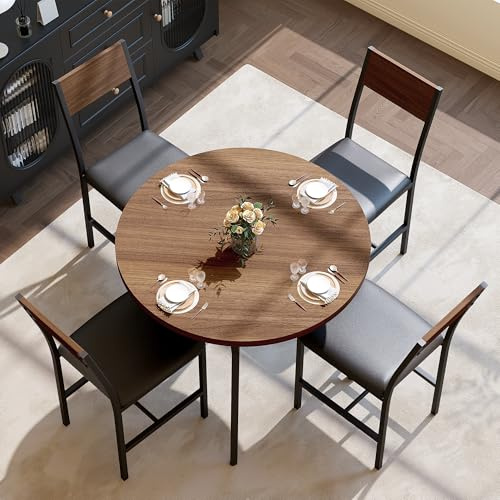 Pamapic Round Dining Table Set for 4, Kitchen Table and Chairs for 4, Dining Room Circle Dinner Pedestal Table, Solid Metal Frame,Space Saving Wood Small Kitchen & Dining Room Furniture,Walnut