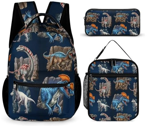 peiyeety Mochila de viaje con loncheras y neceser de maquillaje. Mochila de dinosaurios con lonchera y bolsa de almacenamiento.