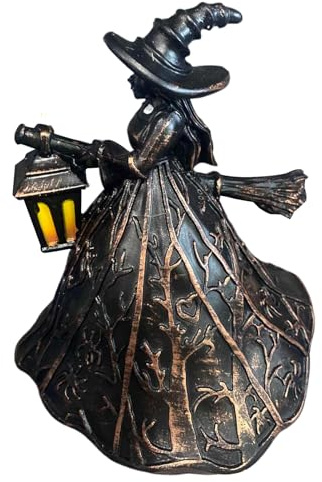 Hexe Deko Halloween mit Licht, UV-beständige Halloween Tischdekoration aus Harz, Witch Centerpiece Figur Lampe für Wohnzimmer, Küche, Fenster und Bücherregal, 18 x 12 cm
