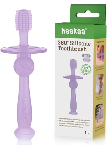 haakaa 360° Silicone Baby Toothbrush – 100% Soft Food Grade Silicone, BPA-Free, Suction Base, Safe for Babies 6 Months+, Gentle Gum and Teeth Cleaning for Infants, Gum Massager (Lilac)
