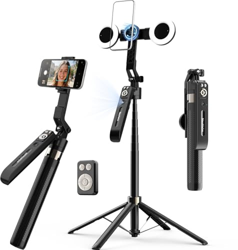 NexHeim KI Handy Stativ mit Verfolgung, 180 cm Selfie Stick & Stativ für Smartphone, magnetische und klemmende Handyhalterung, Auto-Tracking, 360° Gesichtsverfolgung, mit 2 Zusatzleuchten