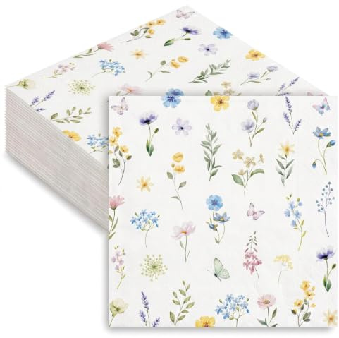 Komoke 60 Stück Servietten Blumen Bunt & Schmetterling - 33x33cm Papierservietten für Frühling Sommerparty & Gartenparty Deko - Wildblumen Motiv für Geburtstag, JGA, Taufe & Hochzeit Tischdekoration