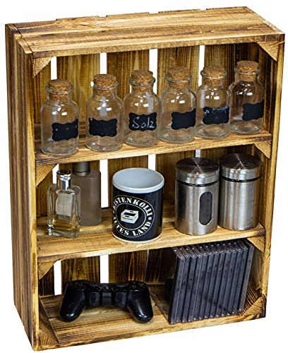 Kistenkolli Altes Land flaches Gewürzregal Wilma geflammt mit zwei Einlegeböden/Zwischenbrettern ca 50x40x15cm/ Regalkiste/Apfelkiste/Weinkisten/Ablageregal