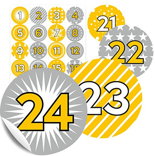 Adventino 24 Aufkleber-Zahlen „Duo Gelb“ - Sticker für Adventskalender zum Basteln und Befüllen - In 11 erhältlich
