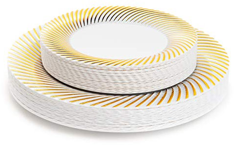 MATANA 40 Assiettes en Plastique Dur Blanches avec Bordure Dorée pour Mariages, Anniversaires, Baptêmes, Noël & Fêtes, 2 Tailles (20 x 26cm, 20 x 18cm) - Solide & Réutilisable