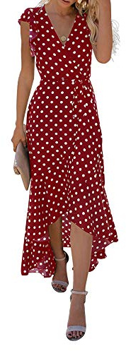 GRECERELLE Womens Summer Maxi Dress Boho Floral Polka Dot Wrap Dresses | V Neck High Low Hem Dress with Short Flutter Sleeves for Summer and Wedding Guest Party Styling
