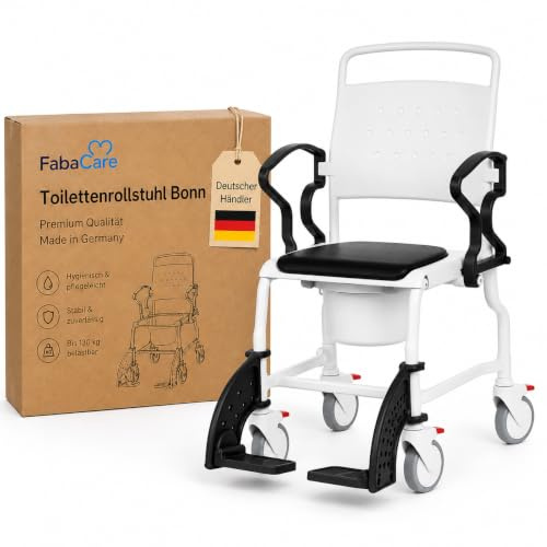 FabaCare Toilettenrollstuhl Bonn Premium Made in Germany, WC-Rollstuhl mit Eimer, abschwenkbaren Armlehnen, überfahrbar,bis 130 kg, Grau/Schwarz