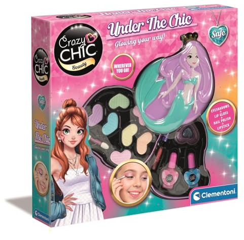 Clementoni Crazy Chic Lovely Meerjungfrau Make-up Set - Schminke für Mädchen ab 6 Jahren - Schminkset mit 2 Tabletts mit Lidschatten, Lippenstiften & Nagellacken 18642