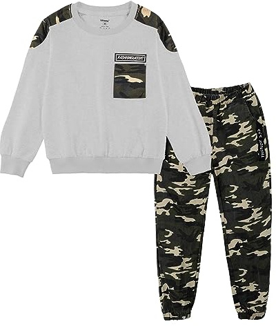Enfants Ensemble de survêtement Camouflage, 2 pièces Garçon Pantalon Cargo + Sweat à Manches Longues, Gris, 130