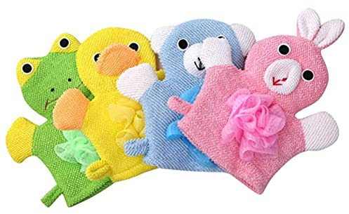 4 Stück Cartoon Baby Badehandschuh, Waschlappen, Baumwolle Ente, Hase, Bär, Frosch, Handtuch, sanftes weiches Peeling, Badehandschuhe Kleinkinder, Bad und Dusche