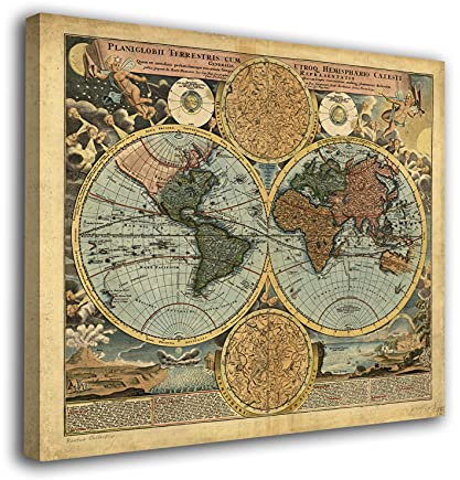 Genérico Cuadro lienzo canvas Mapa antiguo Vintage Mapamundi – Varias medidas - Lienzo de tela bastidor madera de 3 cm - Alta resolucion (60, 52)