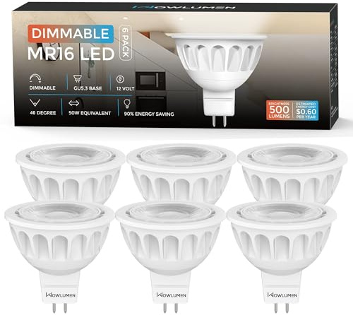 WOWLUMEN Dimmable MR16 LED Light Bulb, 5W(50W Equivalent) 2700K Warm White, GU5.3 Base Lightbulbs, 40° Beam Angle, 12V AC DC - No Flicker, Indoor Outdoor Landscape Track Lighting Bulbs, 6 Pack