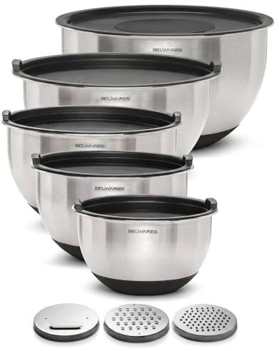 Belwares Ensemble de 5 bols mélangeurs avec couvercles hermétiques + râpes – Bol mélangeur antidérapant en acier inoxydable pour la cuisson, le stockage des aliments et la préparation (noir, lot de 5)