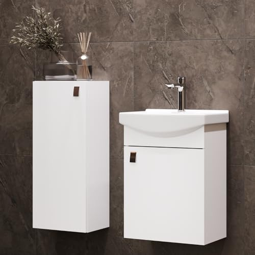 Planetmöbel Badmöbel Set Waschtisch mit Unterschrank | 45 x 60 x 33 cm, Midischrank 32 x 75 x 23 cm für Badezimmer, Gäste WC & Bad, Weiß