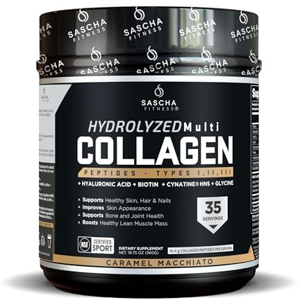 SASCHA FITNESS Hydrolyzed Multi Collagen Peptides Tipes 1,2 & 3 |Hyaluronic Acid|Biotin |Cynatine HSN|Vitamin C & E |for Hairs, Skin & Bone Support|Caramel Macchiato