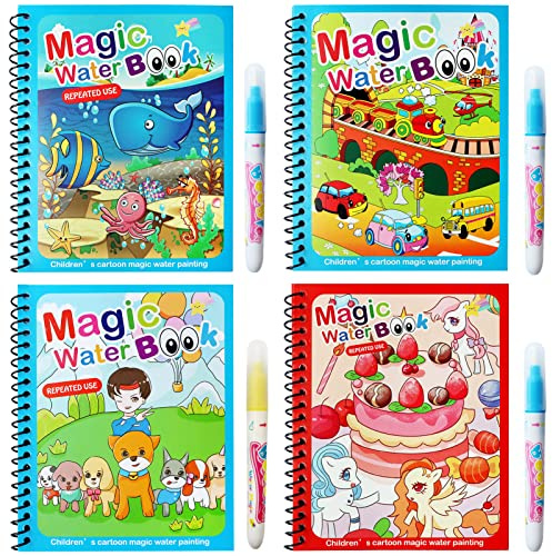 4pcs Magic Water Colouring Book, LONTOM Children Reusable Drawing Book with Pen, Early Education Doodle Painting Book for Boys Girls Kids Educational Learning Gifts