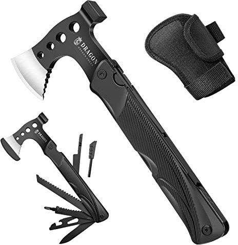 DRAGON CREEK Camping Axt Beil, Outdoor Survival Multitool klein Axt, Aluminium Griff 15 in 1 Multifunktionswerkzeug mit Hammer Säge Messer, mini Werkzeug - Geschenke für Männer