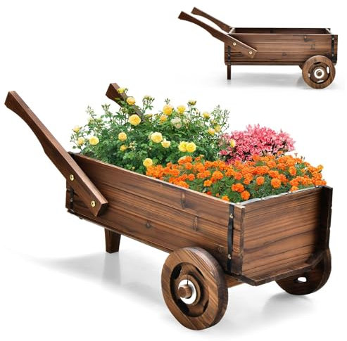 RELAX4LIFE Fioriera da Esterno a Forma di Carrello, Carriola Porta Fiori in Legno, Decorazione Vintage per Giardino, Aiuola da Interno ed Esterno (Modello 2)