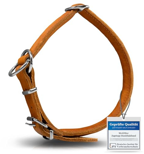 Rund & Weich Zugstopp Hundehalsband, Cognac, L - 55cm Lederhalsband mit Zugbegrenzung und Verstellbarer Schnalle, Dressurhalsung, Zugstopper, robust, Rindsleder