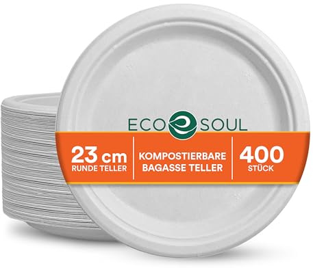 ECO SOUL weiße 23 cm (9 Zoll) runde Bagasse-Papierteller (400 Stück), Einweggeschirr, 100% kompostierbar, umweltfreundliches Partygeschirr, langlebiges Campinggeschirr, mikrowellen- und ofenfest