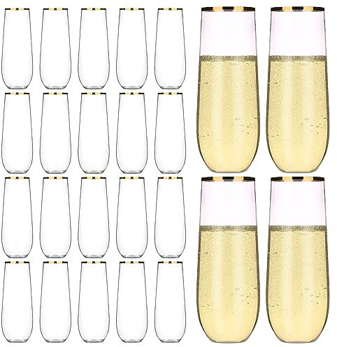 hotder Plastic Champagne Flutes 24 Packs with Gold Rimmed, 9oz/250ml Stemless Plastic Wine Glasses for Birthday, Wedding, Garden, BBQ Parties
