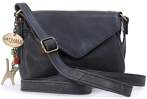 Catwalk Collection Handbags - Petit Sac Bandoulière Femme en Cuir Vintage - Sac à Main - Sac Porté Croisé Avec Bandoulière Réglable - ERIN - Noir