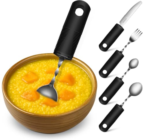 ibasenice Set De Couverts Adaptatifs pour Personnes Âgées Fourchette Grande Cuillère Petite Cuillère Et Couteau Poignée Texturée Antidérapante Aide Aux Repas pour Seniors Handicap