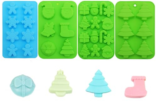 4 Stück Silikonform Weihnachten Silikon Backform, 3D Wiederverwendbar Weihnachten Silikonformen Gießformen, DIY Seifenformen Gießform Geeignet für Lebkuchenmänner Kuchen Schokolade Gelee Kekse