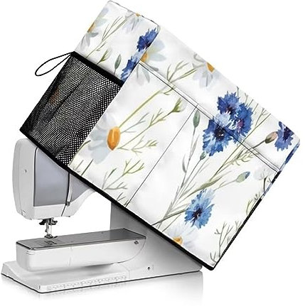 Jeiento Nähmaschinen-Abdeckung mit Taschen, tragbarer Nähwerkzeug-Organizer, Universal-Staubschutz für die meisten Standard-Nähmaschinen, Blaues Blumenmuster und weiße Gänseblü, Beauty Case