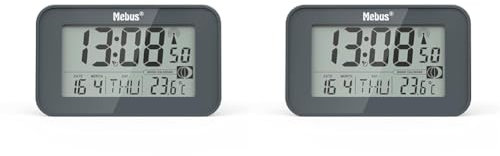 Mebus digitaler Funk-Wecker mit Mondkalender, Beleuchtung, Innenthermometer, 2 Weckzeiten, Schlummer-Funktion/Material: Kunststoff/Farbe: Grau/Modell: 51460 (Packung mit 2)
