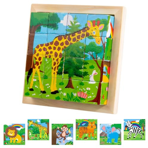 Würfelpuzzle Holz, Bilderwürfel Holz, 3D Bilderwürfel Puzzlespiele 6 in 1 Würfelpuzzle, Lernspielzeug Holzspielzeug für Kinder ab 1 2 3 4 Jahren, Montessori Stapelspiele für Kinder Jungen Mädchen