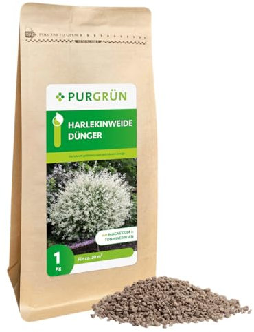 Purgrün® Harlekinweide-Dünger 1 kg – Organisch-mineralische Rezeptur – Feinkörniges Krümelgranulat – NPK 5+4+6 – Extra Magnesium für prächtige Blüten – Verbessert die Bodenqualität