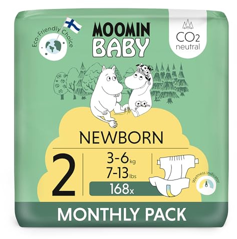 Moomin Baby Newborn Eco Nappies Size 2, 3-6 kg (7-13 lbs), 168 Diapers | Monthly Pack, Sensitive Premium Diapers, Leakage Barrier, Soft and Skin Friendly, No Unnecessary Chemicals
