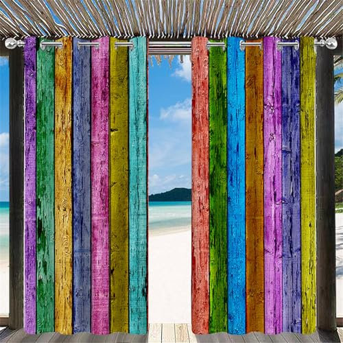 Hiseng Outdoor Vorhang Wetterfest mit Ösen 2er Set Druck Balkon Outdoorvorhänge Wasserdicht Blickdicht Vorhang Outdoor Sichtschutz Sonnenschutz Vorhänge für Pavillon Terrasse (132x213cm,Bunt)