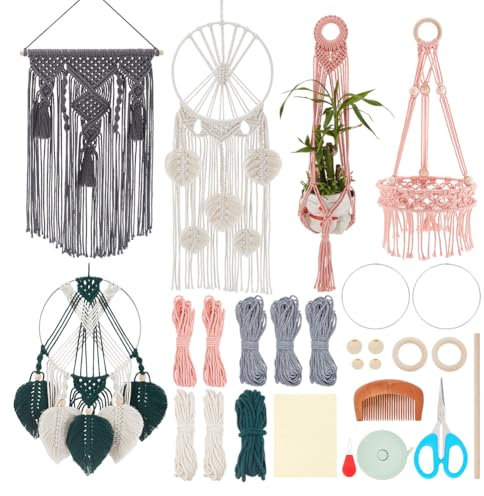 IFNUNLY 5 Set DIY Blatt Makramee Wandteppich Für Erwachsene Makramee Wandbehang Ornament Handgefertigtes Makramee Pflanzenhänger Set Boho Makramee Blumenkorb Bastelset Makramee Schlüsselanhänger Mit A