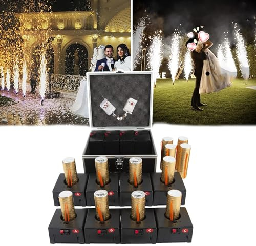 WHRAOY 8 Pezzi Macchina per Fuochi D'Artificio A Freddo, Macchina per Fontana di Scintille,Ricevitore Pirotecnico A Freddo, con Scatola di Protezione + 2 Telecomandi, per Nozze